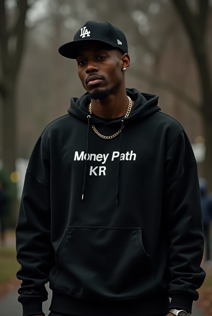 RAPPER man dressed in black, with a blurred background and a text on the chest called : Money Path KE