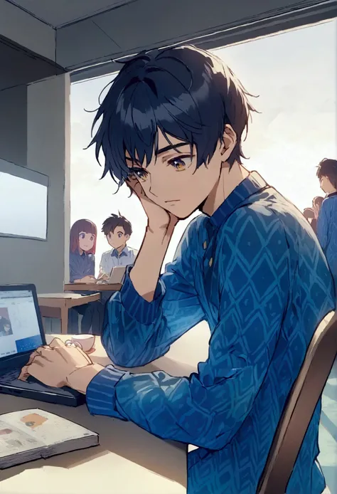 A 20-year-old Anime boy like the boy in the picture will sit in front of the table and read a book, there will be tea and a laptop on the table. The tea cup will have NHL written on it.