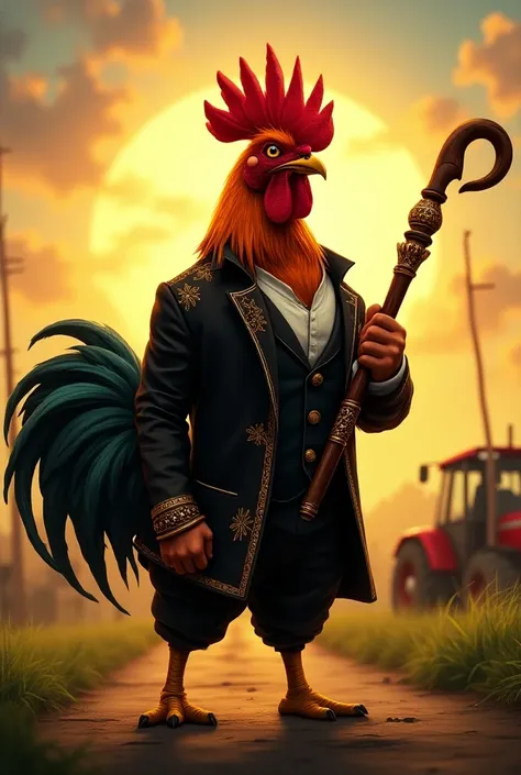 Imagine a rooster with the persona of a Punjabi gangster. He stands proudly with an imposing stance, wearing a stylish black kurta with golden embroidery. His eyes glint with confidence, and a beak slightly smirks. In one wing, he holds a traditional woode...