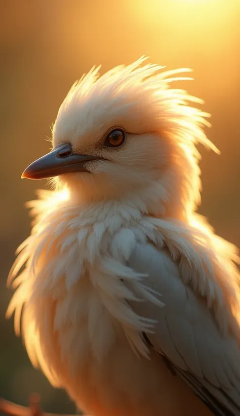  A mesmerizing close-up portrait of a beautiful little bird illuminated by the soft golden light of a quiet morning, with vibrant bokeh balls gently framing its delicate shape.