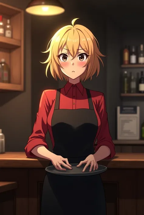 A woman stands near the bar under the dim light with a tray in her hands. She is wearing a red shirt and a waiters uniform with black apron. Blonde woman, she has short curly messy hair and black eyes. She is angry. Anime style. A bob hairstyle.