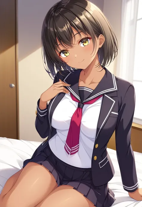  anime image quality、 animation、8k、High image quality、Beautiful eyes、woman、tanned skin、black blazer sailor suit、 black mini skirt、 medium breasts、 yellow eyes、shoulder-length hair
