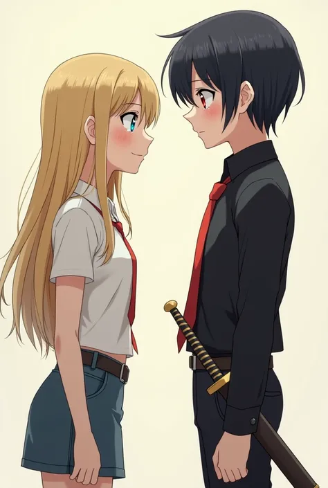 An 18-year-old anime girl with short black hair and sharp red eyes wears pants, a black shirt and a red tie and carries a sword on her waist and stands in front of a girl of the same age and height who has long yellow hair and sad blue eyes full of tears 