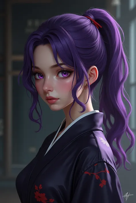 An assassin young woman with sharp purple eyes. Her hair is violet, long and slightly curly, tied in a high ponytail. She wears an outfit look like a yukata, covers all her body. Have some scars on her body, though they were all hiden under her clothes