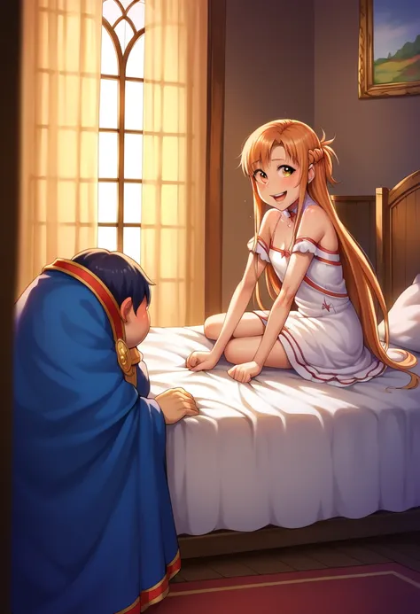 (( best quality)), ((masterpiece)), (be familiar with),  perfect face, indoor, bedroom,  watching viewers,
One woman,  Asuna Yuki,
 characters with open mouth ,  ecstatic expression with hands in front of body, blush, smile,
Small breasts,  flat chest, You...