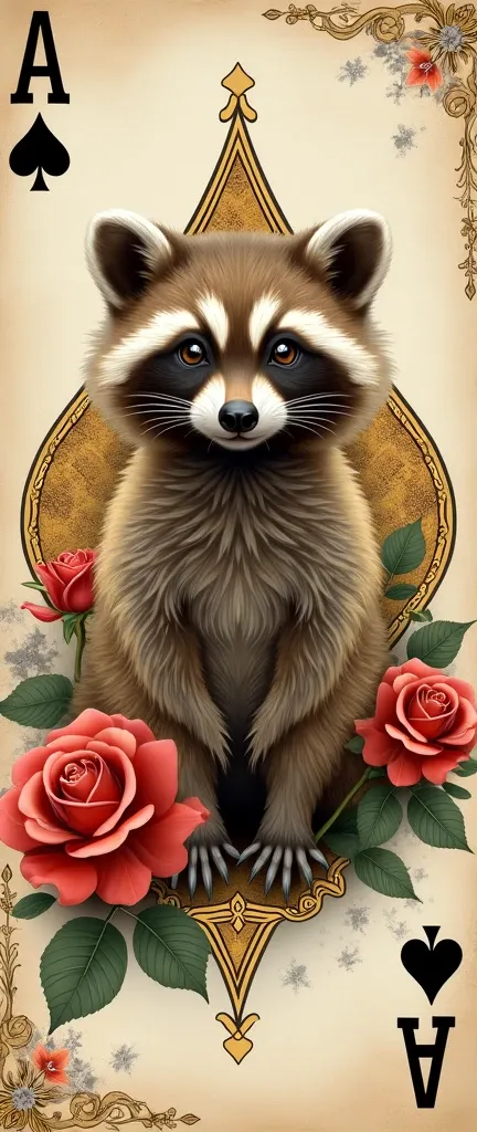 A vintage-styled playing card with the Ace of Spades at the top. Below the cards edge, theres an ornate, intricately designed extra fluffy baby realistic raccoon with golden patterns. The raccoon is placed centrally on the card. Flanking the raccoon are be...