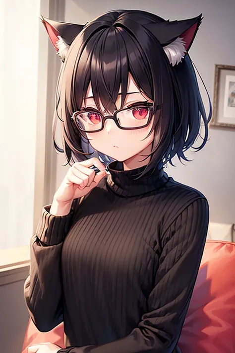  short stature 、 flat chest、Black Hair 、 short hair 、Glasses、  knitted sweater 、Cat ears、Cat tail、  is embarrassing、blush、 cute、Red Eye、living 、sofa、Best Quality, masterpiece,  High image quality,  high resolution on down,  anatomically correct, accurate, ...