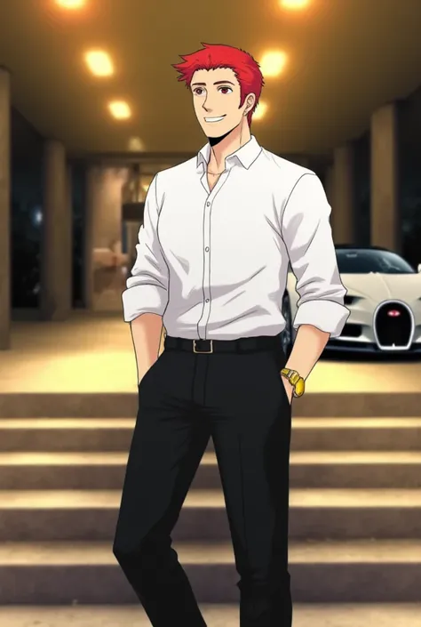 imagine Yukihira Soma the main anime character from Food Wars: Shokugeki No Soma, standing confidently, dressed sharply in a crisp white shirt with a subtle sheen, accented by elegant gold cufflinks. His shirt is neatly tucked into slim-fit, matte black tr...