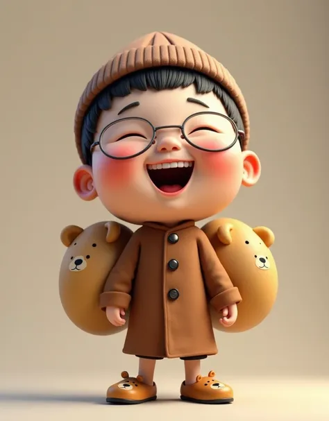 3d caricature photography of a   asian boy, very big head, wearing a brown beanie,  glasses, wearing a 3/4 brown robe, wearing cute bear sandals, laughing broadly while carrying two  bigtits on his back