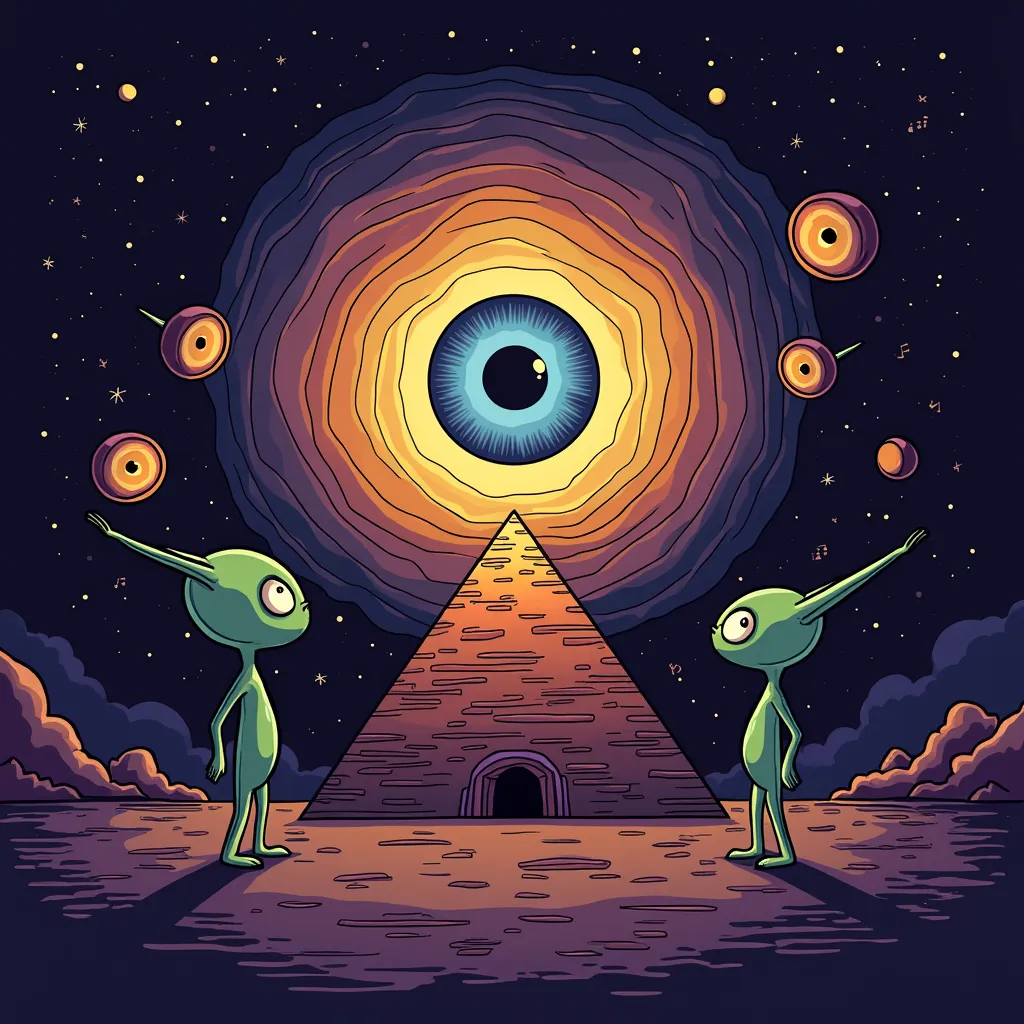 A cosmic scene is depicted in this cartoon illustration, characterized by strong line work. A giant eye with a captivating blue iris and a bright yellow pupil gazes outward from the center of a swirling nebula, encircled by three floating speakers emitting soothing music. Two whimsical humanoid aliens with large heads and thin bodies stand on either side of a majestic pyramid, gazing up in wonder at the spectacle. The background is a deep purple sky, dotted with twinkling stars and distant planets., white letters, set against a deep purple background, accompanied by intricate geometric symbols