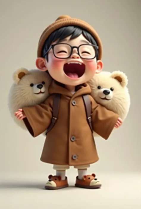 3d caricature photography of a   asian boy, very big head, wearing a brown beanie,  glasses, wearing a 3/4 brown robe, wearing cute bear sandals, laughing broadly while carrying two big fluffy tits on his back