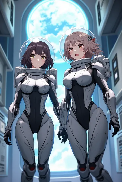 masterpiece:1.4, masterpiece, Highest quality, high resolution, newest, 2girls, friends, (group shot):5, (upper body):5, kyoto animation style, detailed, BREAK space station interior, zero gravity environment, floating, BREAK (white and black mechanical sp...