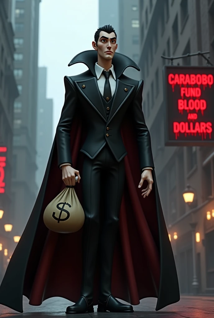 I want an animated Dracula with a money bag with a black malefactors costume on the street and a sign that says carabobo fund of blood and dollars flying