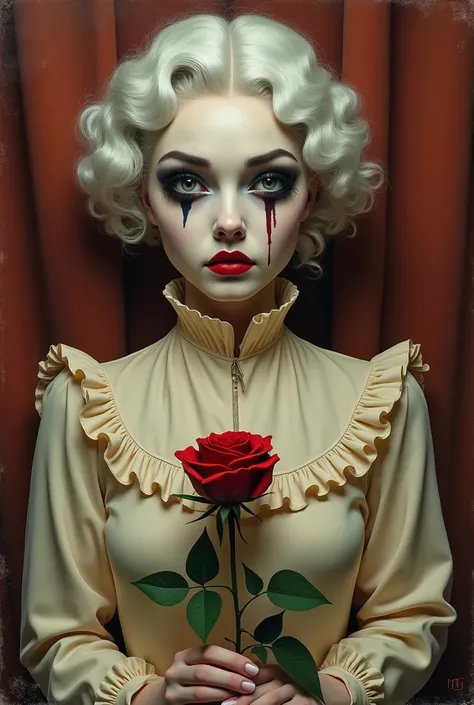 Surreal, vintage-style painting featuring a person with a pale complexion and exaggerated facial features. The subject has dark, dramatic eye makeup and a single teardrop painted on their cheek. Their lips are painted a deep red, and their hair is styled i...