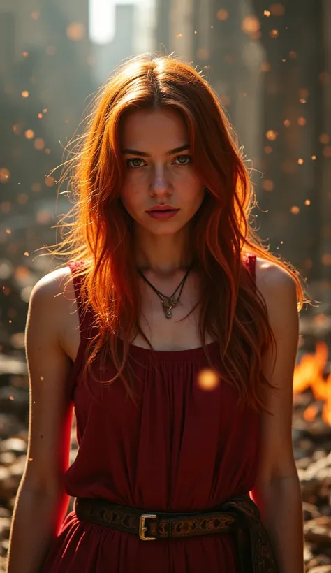 (best quality,4k,8k,highres,masterpiece:1.2),ultra-detailed,(realistic,photorealistic,photo-realistic:1.37), red haired girl, green eyes, Fire Witch, blood, light particles, rays of light, wallpaper, high contrast, colorful, ruined city in the background