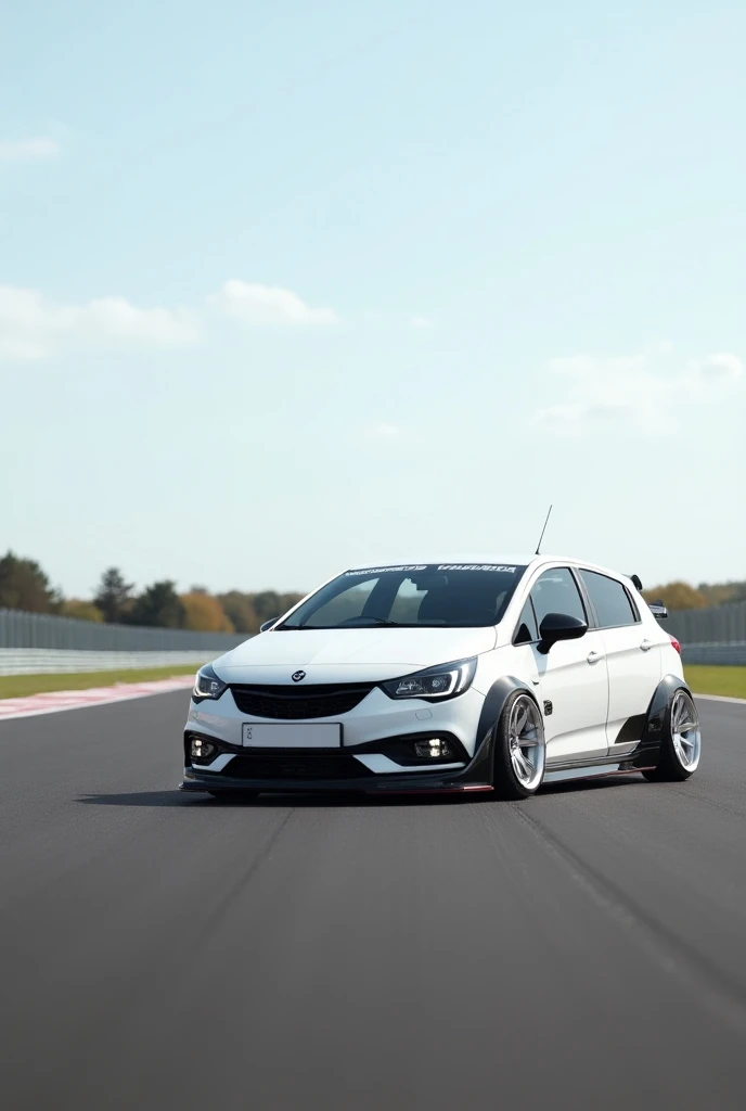 A white Corsa Maxx sedan car all tuned up on an empty track 