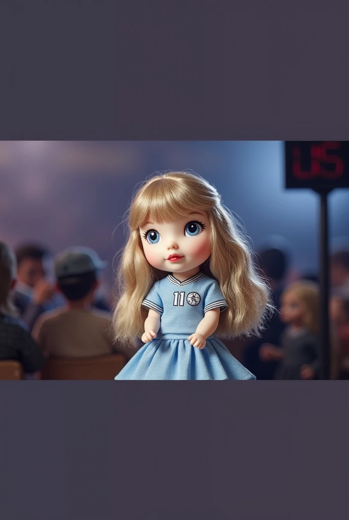 Taylor swift hyper realistic in blue soccer uniform looking at the spectator in the background of Sylvanian Families toy rack 