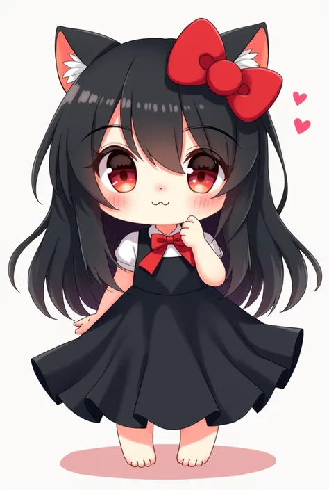 A hello kitty with bangs and long black hair and a black dress