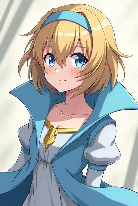 Angry Cute Blonde Anime Empress Maria Robtink with blue eyes wearing a blue headband and wearing a Blue Dress with a Massive Popped Collar taller than her head