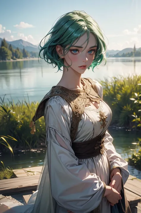 A beautiful woman with green hair, intense blue eyes, standing in front of a lake, her feet dipped in the water, wearing a light medieval white dress, (best quality,4k,8k,highres,masterpiece:1.2),ultra-detailed,(realistic,photorealistic,photo-realistic:1.3...