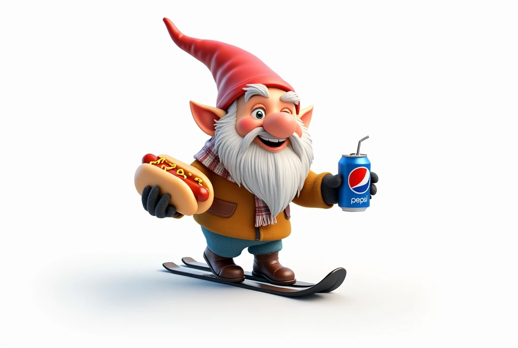 Style cartoon 3D. Un gnome sur des skis.  Dans une main un hot-dog et dans l’autre main une canette de pepsi.  Sur fond blanc