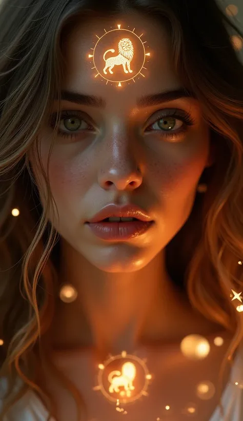 A close-up of a stunning mystical womans face, representing the zodiac sign Leo. Her features are illuminated by radiant yellow lights, with a faint silhouette of a lion and Leo symbols subtly glowing in the background."