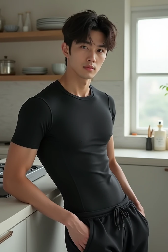 Jin from BTS wearing a compression shirt ,  black sweatpants and leaning against the kitchen counter. 