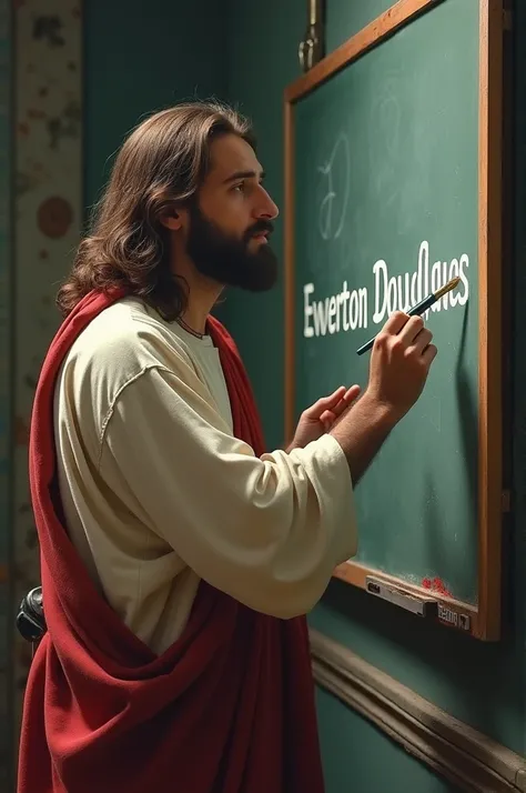 An image of Jesus writing Ewerton Douglas on a board with a brush 