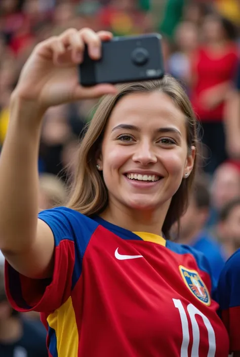 young woman takes selfie wearing polish national team jersey