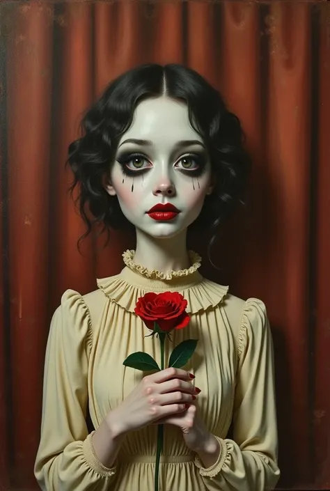 Surreal, vintage-style painting featuring a person with a pale complexion and exaggerated facial features. The subject has dark, dramatic eye makeup and a single teardrop painted on their cheek. Their lips are painted a deep red, and their hair is styled i...