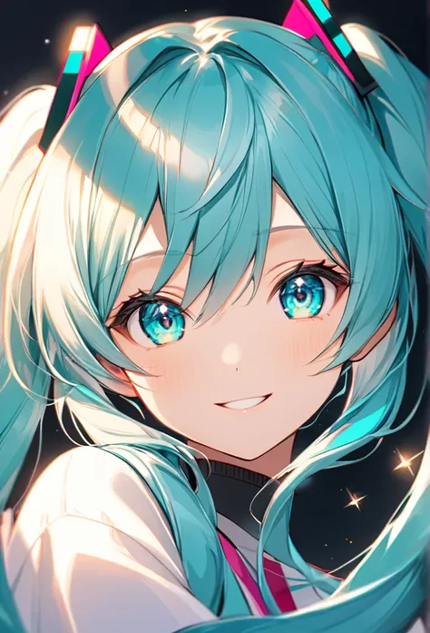 Upper body close-up（((masterpiece), on)""Create a close-up anime-style illustration focusing on the expressive face of Hatsune Miku. Highlight her large, captivating turquoise eyes, giving them a bright, lively sparkle that conveys warmth and friendliness....