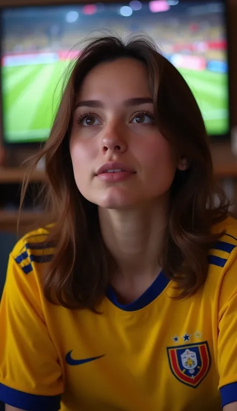  front photo of Lya, who is a 20-year-old woman, with brown hair and white skin, watching a Colombia game with a shirt that Colombian selection