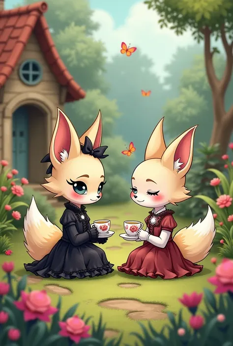 Chibi cartoon character of a gothic fennec fox girl and cottagecore fox girl sitting in a garden drinking tea together