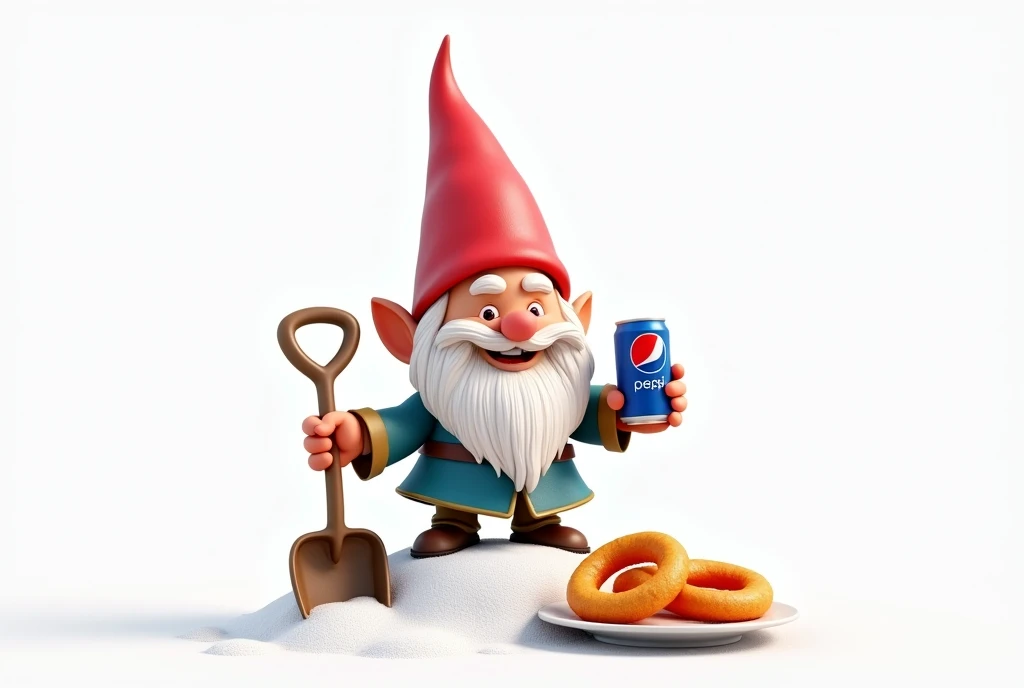 Style cartoon 3D. Un gnome avec une pelle a neige dans une main. dans l’autre main une canette de pepsi.  Sur la congere de neige, une assiette de rondelle d’oignons frits. Sur fond blanc