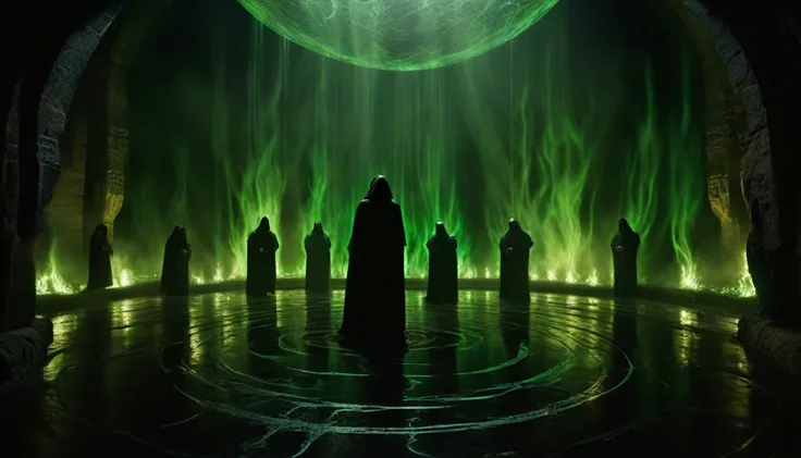 In a cavernous, dimly-lit chamber deep underground, shrouded in heavy shadows and illuminated only by flickering, sickly green light, figures cloaked in tattered, dark robes stand in a circular formation. Their faces are obscured by hoods, and they hold tw...