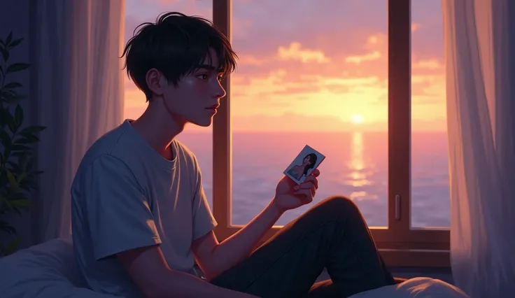 A young man sitting by a window at dusk, looking out at the horizon with a contemplative expression. His posture is relaxed but filled with longing, as if waiting for someone. The room is quiet and intimate, with soft, golden light filtering through the wi...