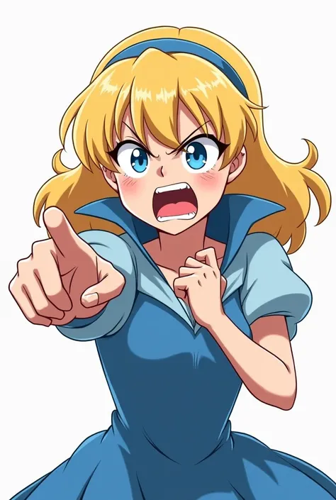 Angry Cute Blonde Anime Princess Maria Robtink with blue eyes wearing a blue headband and wearing a Blue Dress with a Massive Popped Collar taller than her head. Shes so mad shes pointing at you and demanding your immediate execution.