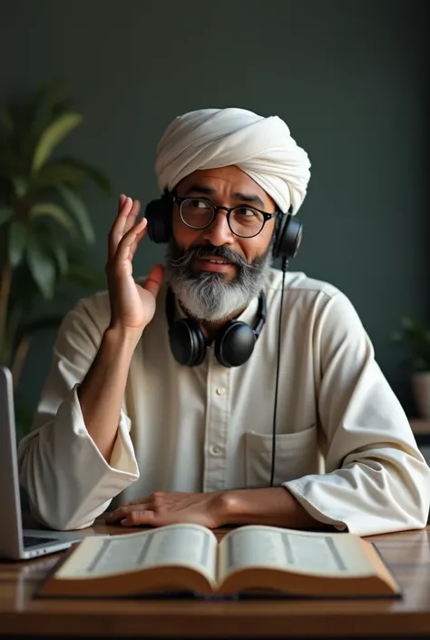 A Muslim mail teacher sitting in front of a laptop, raising right hand, wearing headphones, with an open Quran placed in front of them.