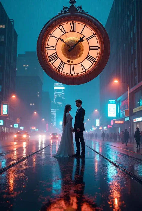  Imagine a night city scene with a modern and slightly surrealistic atmosphere .  The street is illuminated by neon lights reflected on the wet pavement ,  creating flashes of colors in the water that constantly falls from the rain .  Cars pass quickly ,  ...