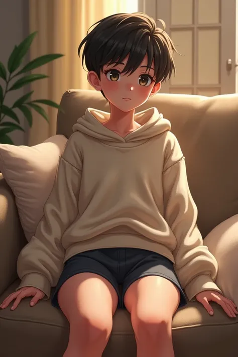 Femboy boy with thick and curvy thighs wearing sports shorts and sweatshirt sitting