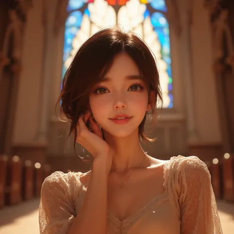 A minimalist cartoon illustration of a young Asian woman , her right hand is on her cheek, standing in front of the camera, she is joyfully smiling, in a old church. The sunlight from the window casts her face. In Background: A beautiful stained glass in t...