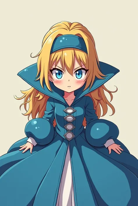 Cute Blonde Anime Princess Maria Robtink with blue eyes wearing a blue headband and wearing a Blue Dress with a Massive Popped Collar taller than her head. Shes Angry at you.