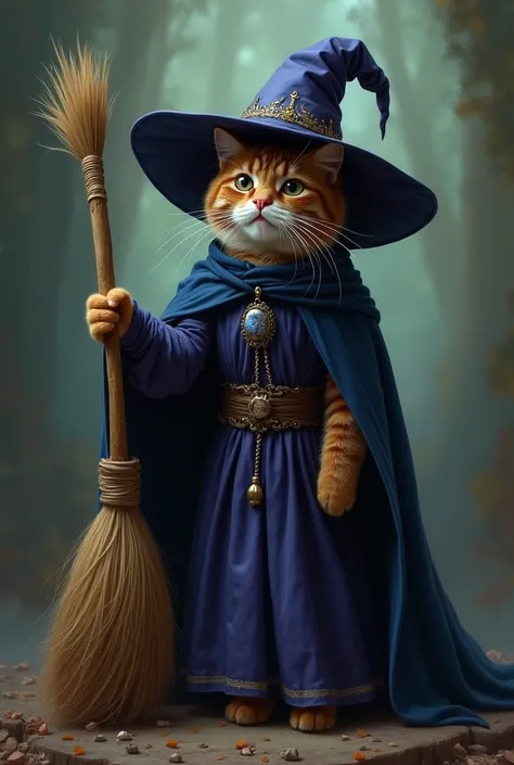 Is there a cat dressed as a witch with a broom and a hat, a picture by Muggur, Reddit, Digital Art, witch cat, scary filter, oil painting of witch cat, with a scary filter applied,  Scary woman, but fascinating ,  Archwizzard in a , dressed as a wizard, em...