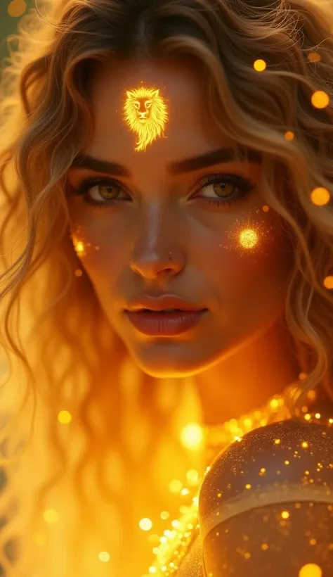 "A mesmerizing close-up of a mystical Leo woman, her radiant beauty framed by soft yellow light. The outline of a lion and glowing Leo symbols subtly enhance the fiery and powerful essence of her aura."