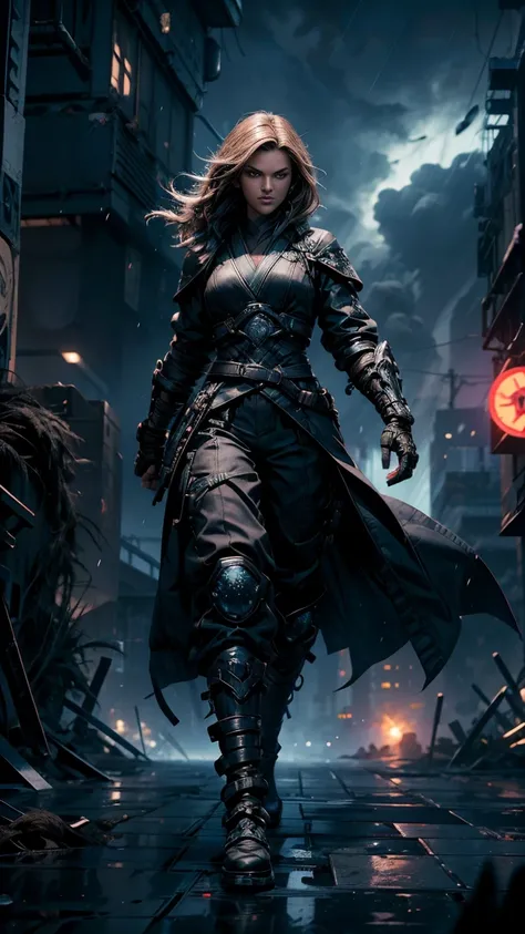 Digital artwork, concept art, a female ninja with Prompt Hero logo on her chest, standing on rooftop with a dark dystopian city in the background, dynamic pose, fierce, comics style, extremely intricate, extremely detailed, ominous lighting, dramatic light...