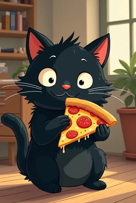 make a vintage vector drawing sticker like it was made on Adobe Illustrator about a cute black cat holding a slice of pizza in the Studio Ghibli style