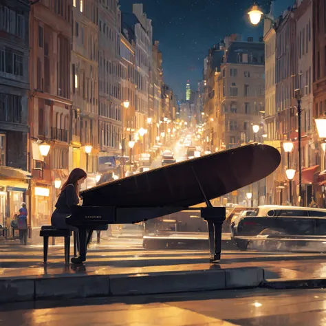 woman alone playing piano at night from a distance