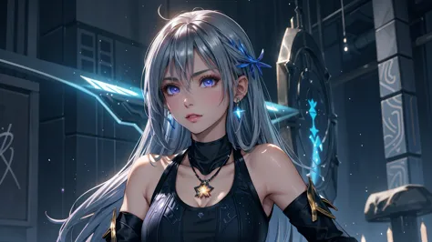 a solo girl in an urban fantasy anime-style portrait with a vibrant pop aesthetic. violet eyes with a mesmerizing glow, long sil...