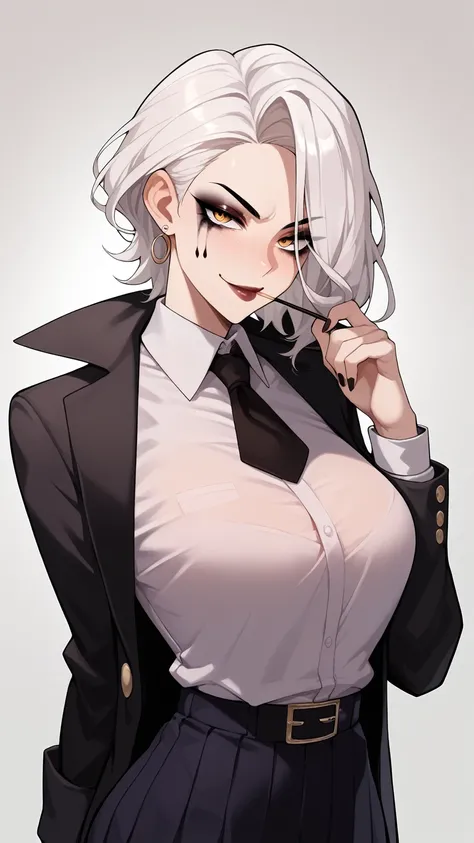 Score_9, Score_8_up, Score_7_up, Score_6_up, Score_5_up, Score_4_up, Female, long white hair with black dye streaks in her hair, golden eyes, pale skin, perfect face, highly detailed beatiful face and eyes, eyes is a golden color, delinquent 18 year old gi...