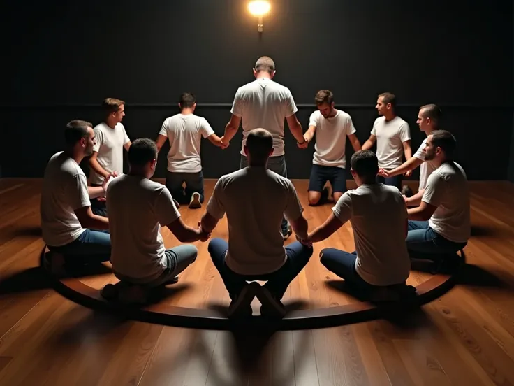  a group of people together in the shape of a wheel ,  holding hands with their heads down , Pray to God .  wooden floor,  black wall in the background and a lighting at the top ,  a man who is on the wheel appears on his back holding the holy bible in his...